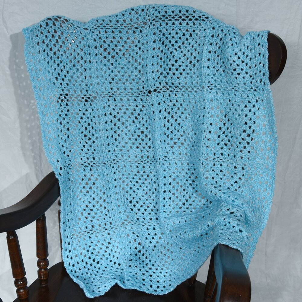 New, hand crocheted afghan throw blanket, variegated baby blue very soft 36"x44"